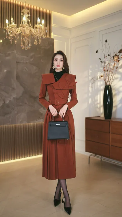 罗曼定制  原创设计法式厚款气质复古冬季轻奢冬季毛呢外套裙