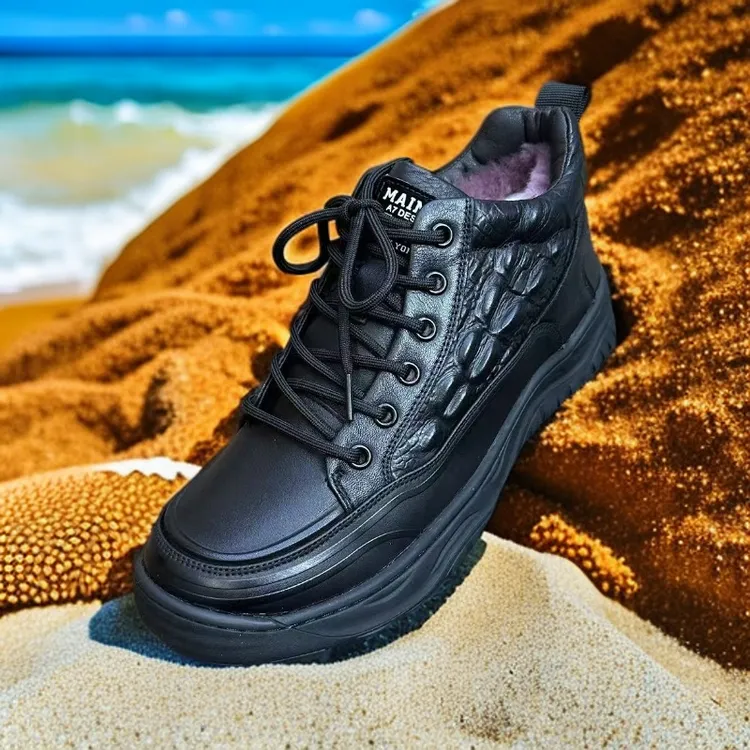 冬季高帮皮毛一体男款防滑黑色商务风圆头舒适加厚保暖真皮时尚