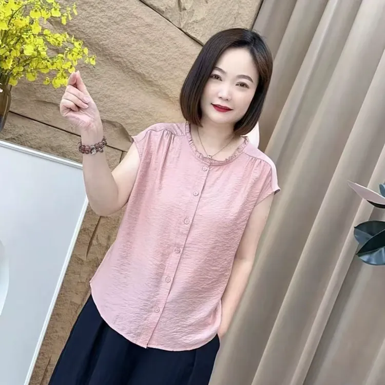 新款爆款时尚甜美薄款夏季凉爽圆领气质宽松型女士短袖衬衫