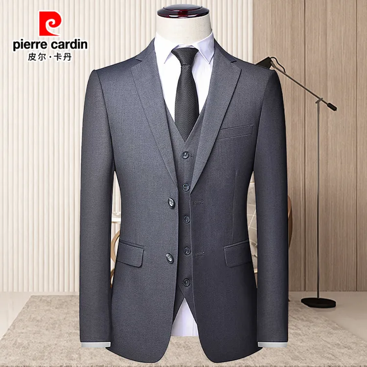 皮尔卡丹伴郎礼服时尚男双开叉西装西服三件套商务高档男士春秋新
