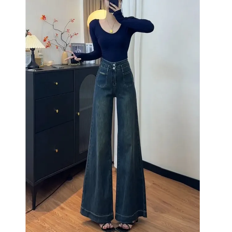 原版实拍A字版型阔腿牛仔裤女2025秋设计感口袋复古双扣拖地宽松