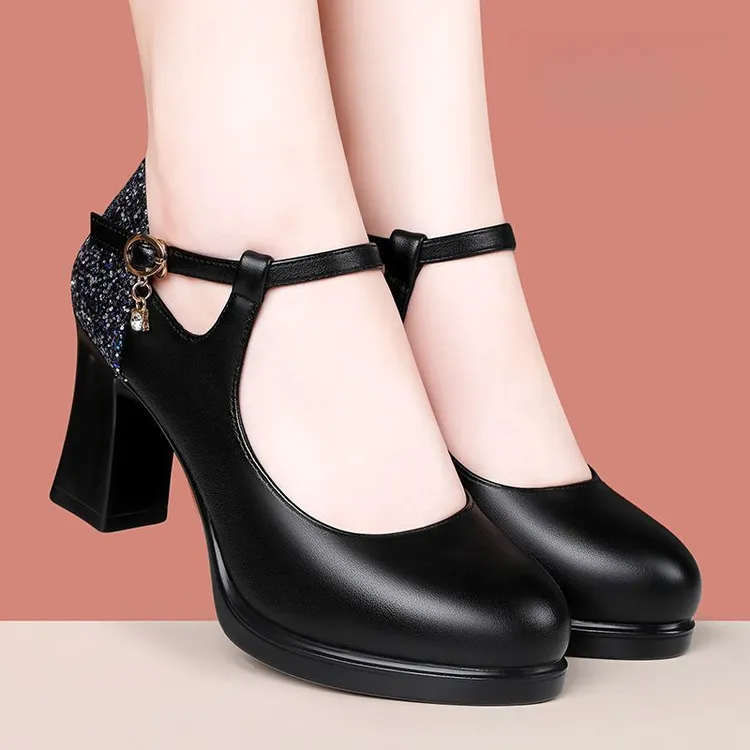 软底中老年新款走秀高跟鞋职业单鞋模特百搭粗跟工作鞋模特旗袍鞋