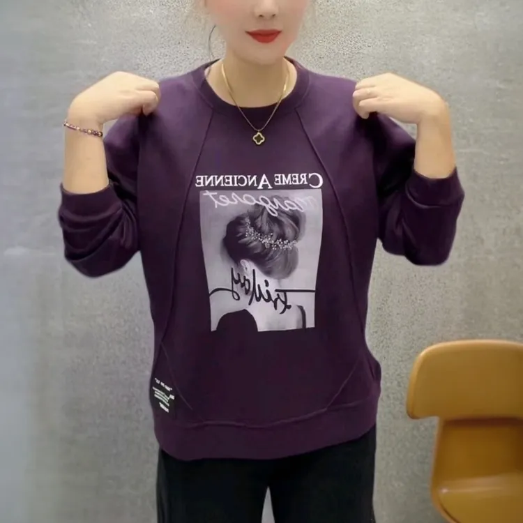 大码秋季美女头洋气宽松舒适百搭显瘦重工常规休闲卫衣小衫
