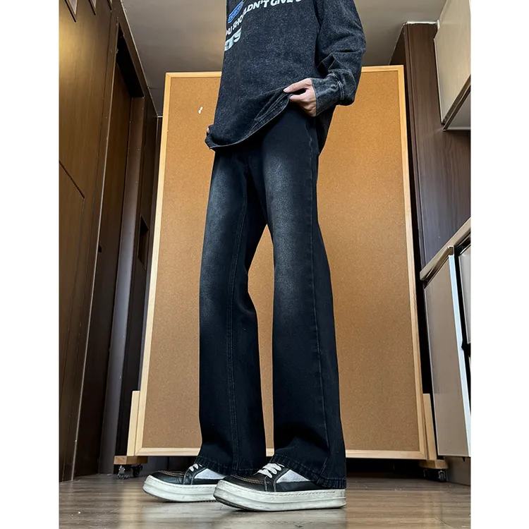 黑色微喇叭牛仔裤男款复古水洗高街美式vibe窄版cleanfit直筒裤子