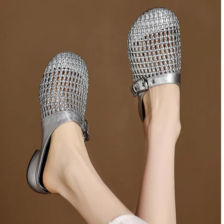 皮带扣中跟镂空编织包头拖百搭防滑半拖凉鞋夏季舒适拖鞋女鞋外穿