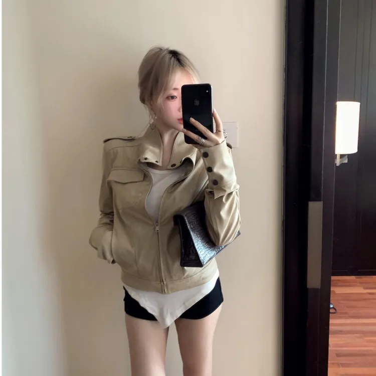 工装风穿搭 立领卡其色修身外套夹克女2025秋季新款短款百搭上衣
