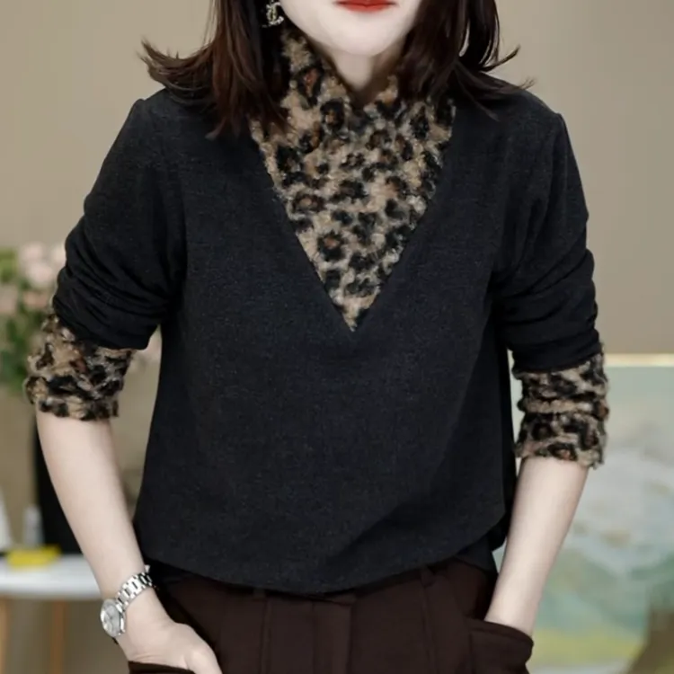 冬季保暖豹纹拼接休闲百搭长袖气质显瘦卫衣上衣LK2508889