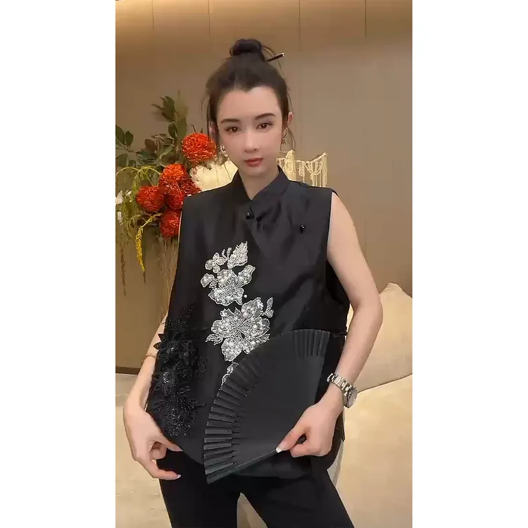 80583新款 时尚百搭复古新中式串珠马甲 气质显瘦中国复古马夹