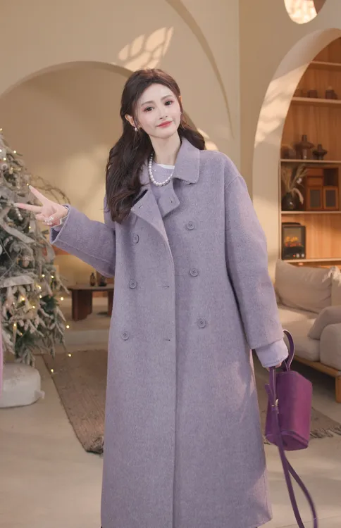 伊迪卡宽松气质百搭时尚中长款羊毛大衣秋冬款双面毛呢大衣