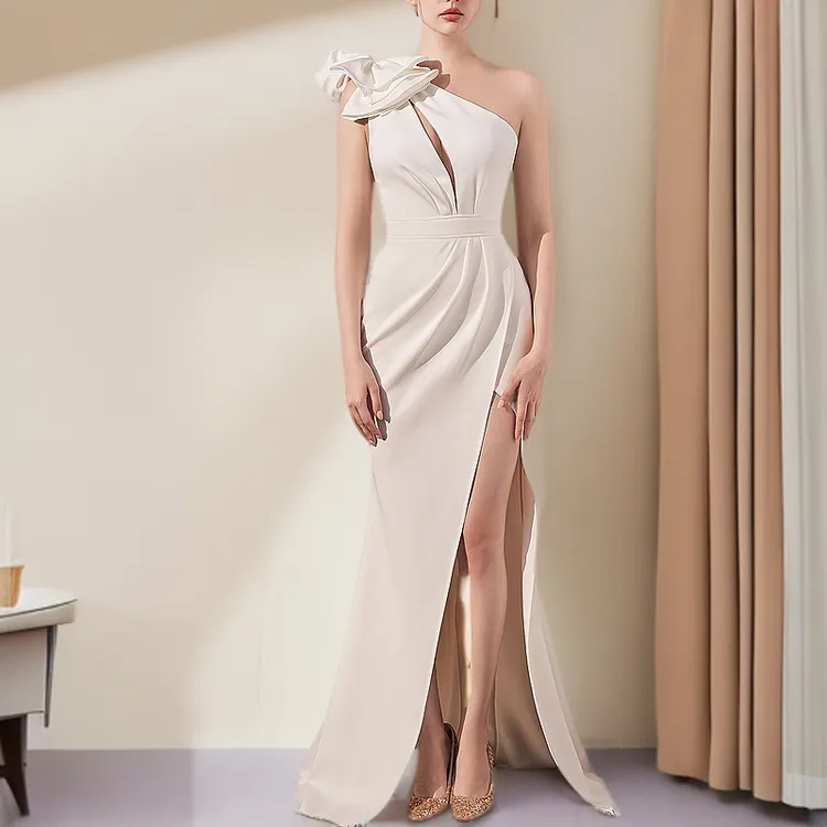 晚礼服裙女斜肩单肩气质模特走秀公司年会活动露肩开叉长款连衣裙