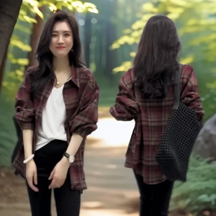 5268春秋新款长袖格子衬衣外套女宽松显瘦慵懒风开衫磨毛微喇上衣