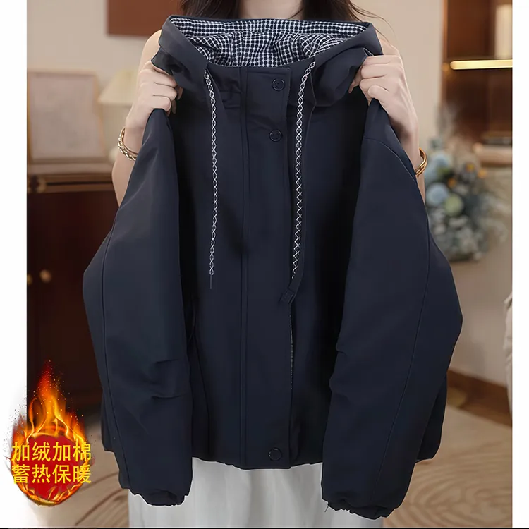 女童加绒夹棉服秋冬2025新款格子连帽二棉冲锋衣加厚一体绒外套