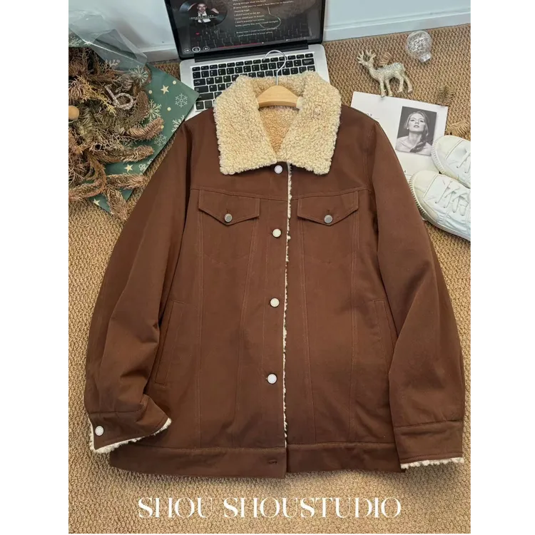 【瘦瘦】小熊心事-大码翻领羊羔毛全棉保暖加厚显瘦夹克外套S02428