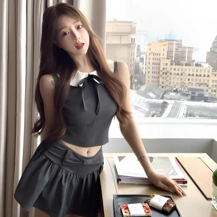 希妮丝 miu系高知穿搭套装撞色无袖背心女夏季蝴蝶结半身裙两件套