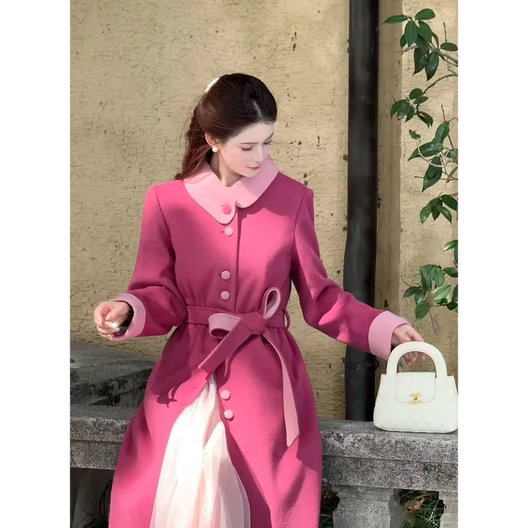 LiLi李李家【浆果莓莓】法式复古树莓粉撞色加棉毛呢大衣XMZH9925