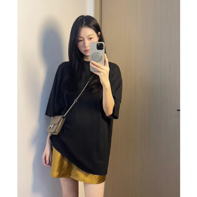 2025夏季新款时尚ins气质纯色简约休闲百搭宽松上衣配显瘦半身裙