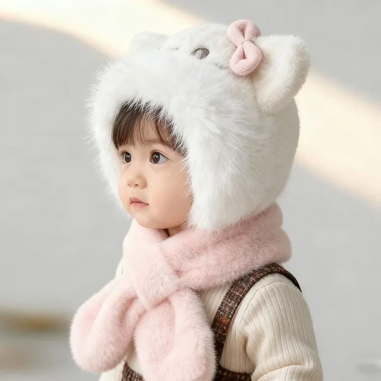 宝宝帽子围巾一体帽两件套男女童韩版可爱蝴蝶结毛绒帽护耳保暖厚