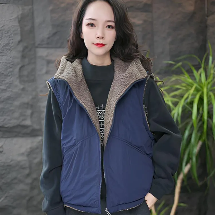 JJ【加绒马甲】免烫圆领连帽修身型女文艺风马夹撞色冬季加绒