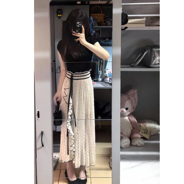 夏装搭配一整套盐系轻熟性感辣妹冷淡系不规则波点开叉半身裙