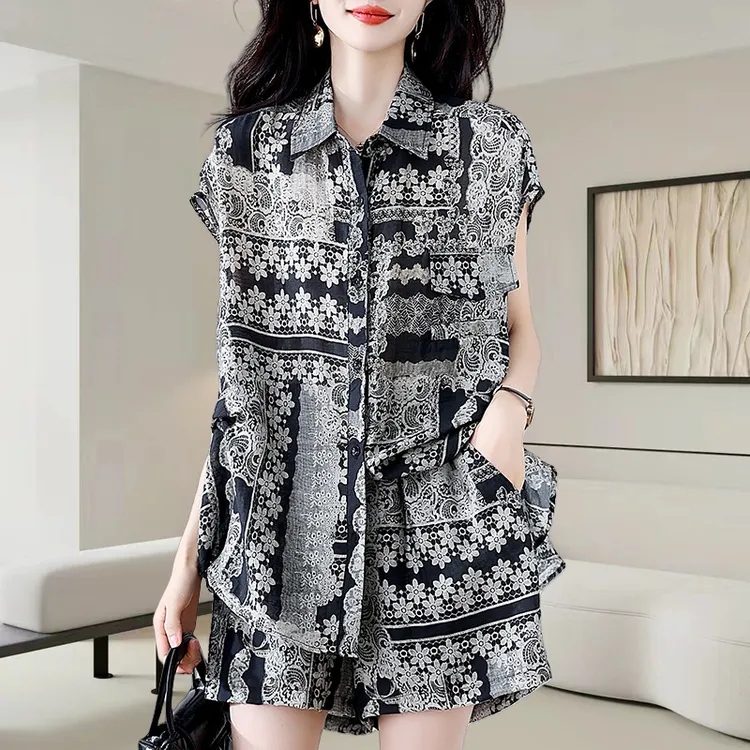 时尚印花短袖上衣裤子套装女2025夏季新款气质休闲大码时尚两件套