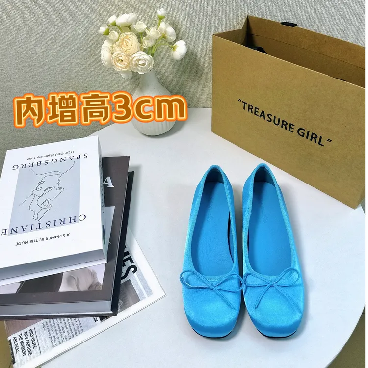 蓝色芭蕾舞鞋内增高3cm单鞋女蝴蝶结仙女风小个子不累脚浅口鞋