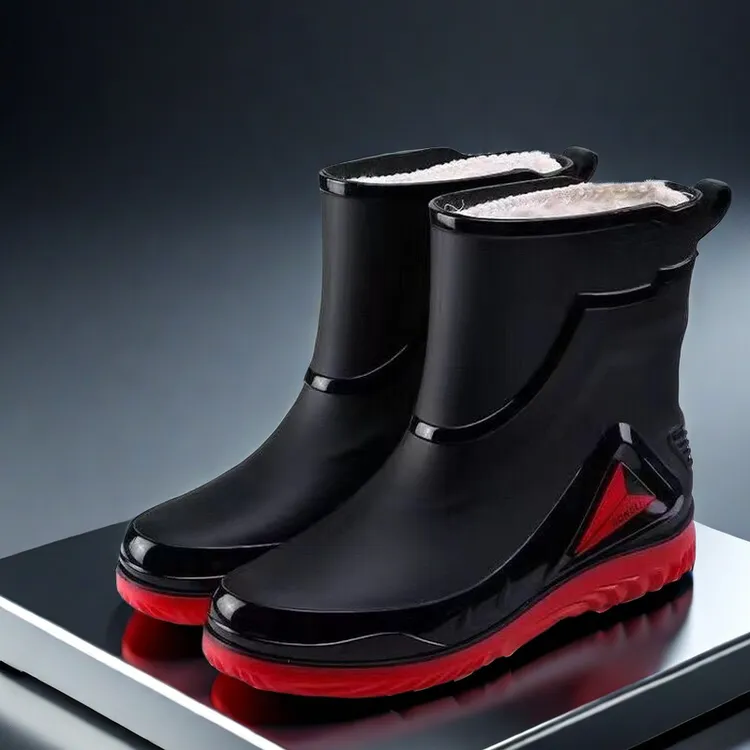 防滑防水保暖短筒雨鞋耐磨雨靴加绒中筒厚底防水鞋男士时尚