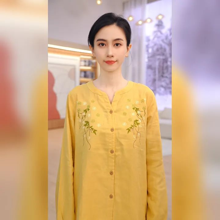 【棉】秋季双层纱刺绣睡衣女款纯棉梭织圆领长袖长裤高级感家居服女