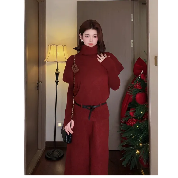 【送腰带】修身纯色百搭秋冬半高领针织套头中长款两件套时尚套装