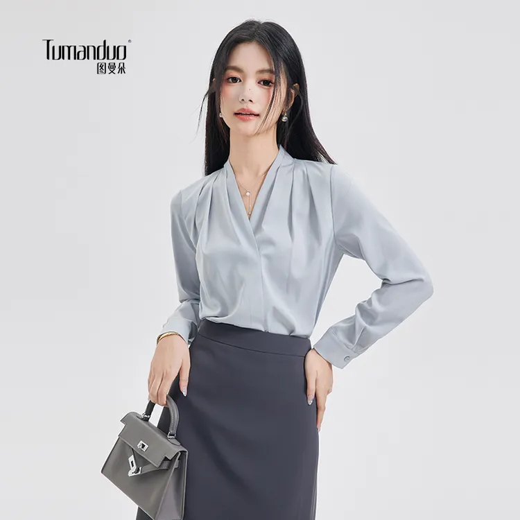 图曼朵蓝色v领长袖衬衫女秋季职场休闲通勤时尚气质小众女装衬衣