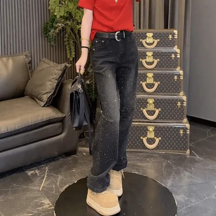 秋冬新款满天星牛仔直筒裤小众炸街高级感加绒加厚显瘦窄版阔腿裤