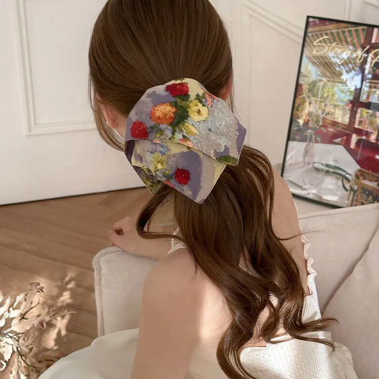 油画风方巾大肠发圈女扎头发马尾头绳夏天高级感慵懒风发绳2025