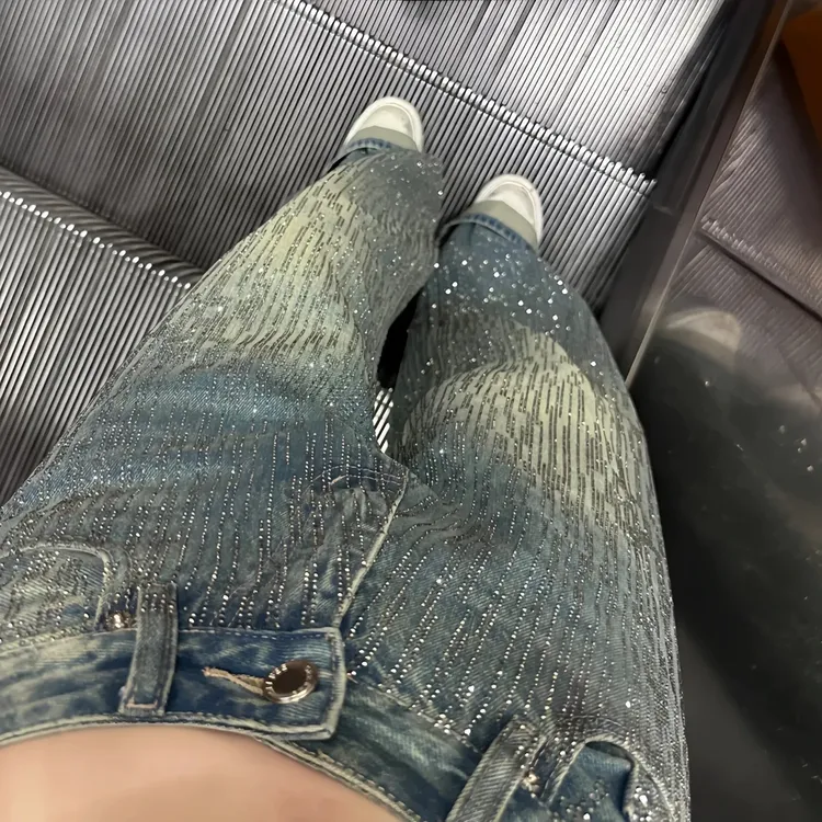银河碎钻重工设计感牛仔裤女2025秋季新款高腰宽松显瘦拖地阔腿裤