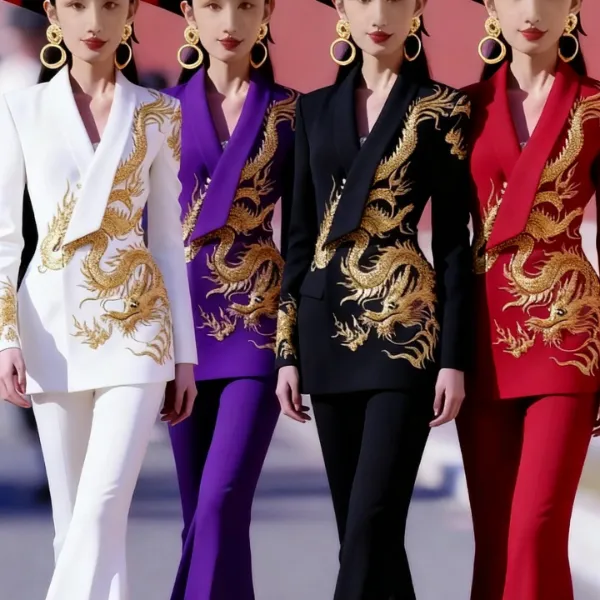 【25802-2金龙】刺绣长袖套装中国风女西装中式大气演春秋款修身