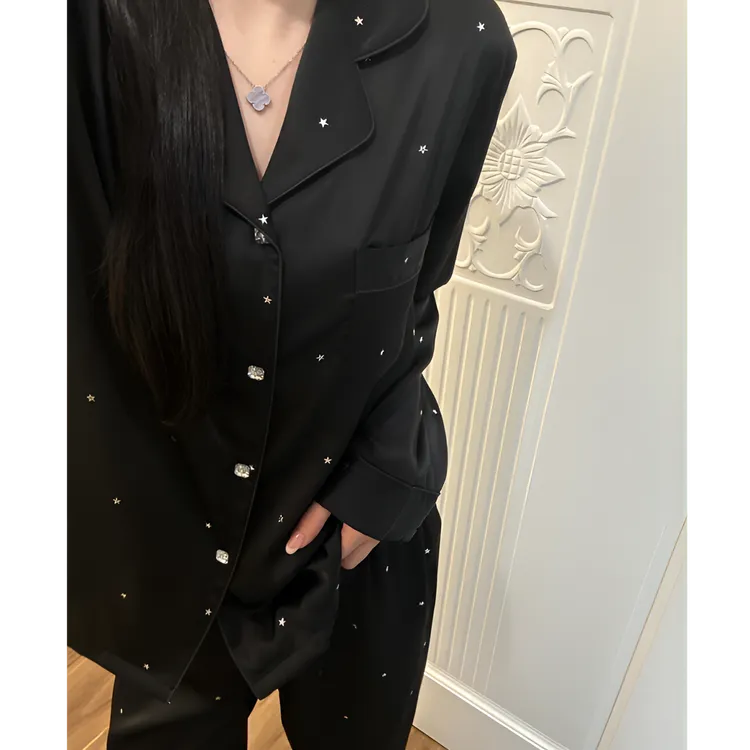 黑色纯欲高级感星星印花冰丝睡衣女2025春夏季新款家居服套装外穿
