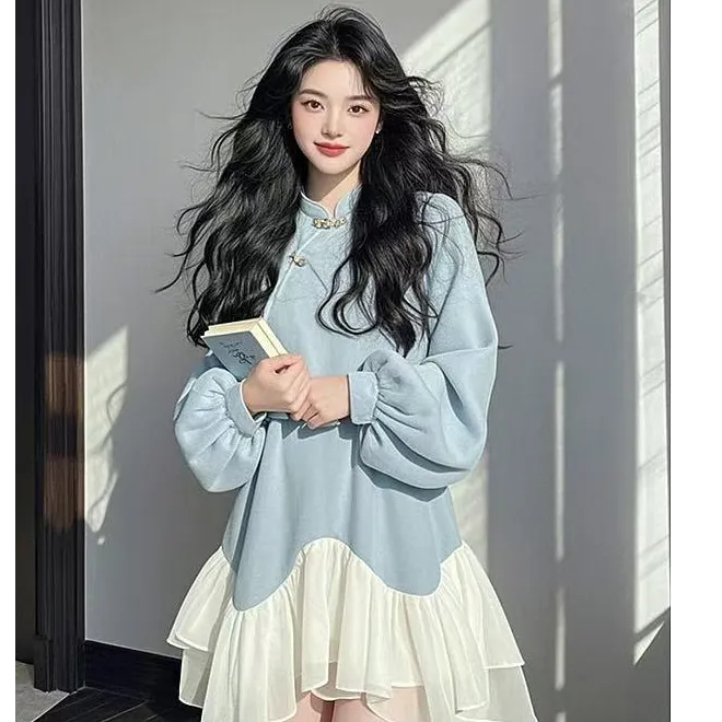 2025春季小个子漂亮独特绝美高级感小香风蓝色新中式衬衫连衣裙女