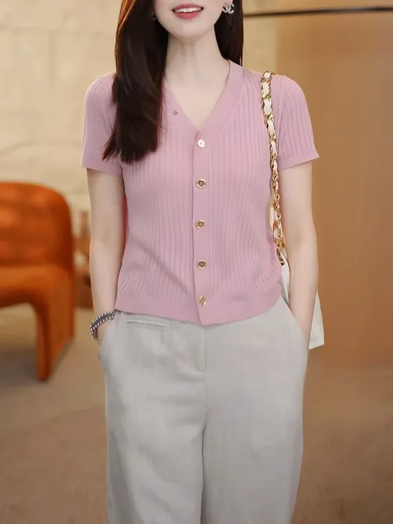夏季薄款透气天丝短袖针织开衫女装2025新款纯色百搭显瘦洋气上衣