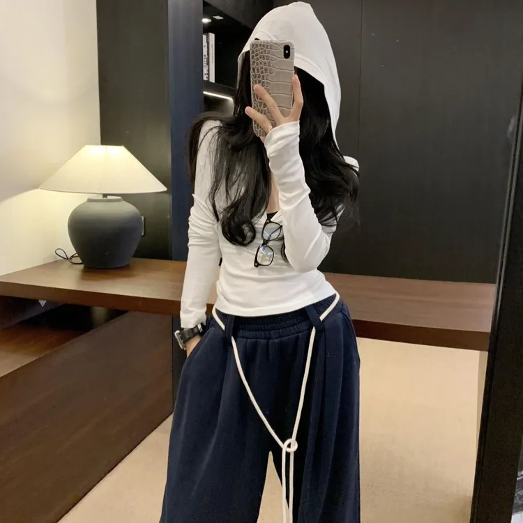 设计感长袖连帽上衣气质显瘦时尚套装宽松洋气休闲百搭高腰长裤女