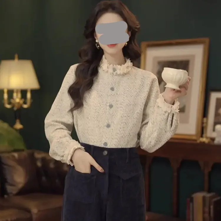 2025年秋冬季时髦设计感衬衫女时尚纯色百搭新款复古风潮流上衣女