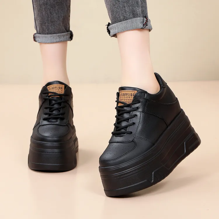 全黑12公分隐形内增高女鞋小个子松糕厚底板鞋春秋百搭时尚休闲鞋