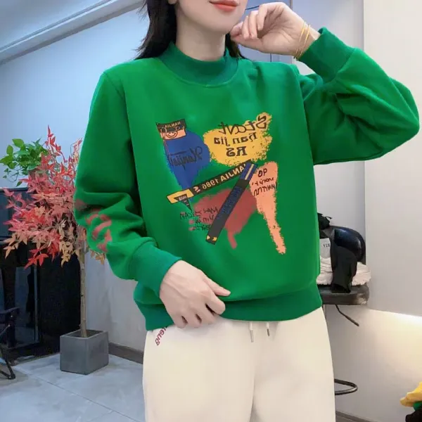 《韩家枫》#9509小中领印花加绒秋冬百搭拼接宽松时尚洋气休闲卫衣