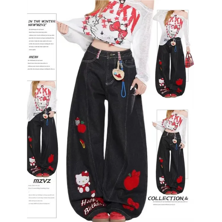 美式复古设计感卡通刺绣牛仔裤女2025年秋季新款宽松阔腿拖地裤子