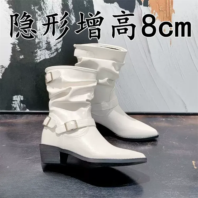 夏季堆堆靴女中筒内增高8CM小个子短靴高跟白色马丁靴时尚百搭