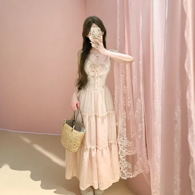 【现货+运费险】甜美风蕾丝拼接蔷薇粉吊带连衣裙收腰系