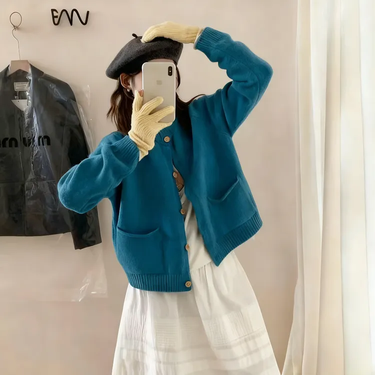 【糖果色】2025圆领纯色百搭宽松韩系卷边口袋毛衣针织开衫女新款