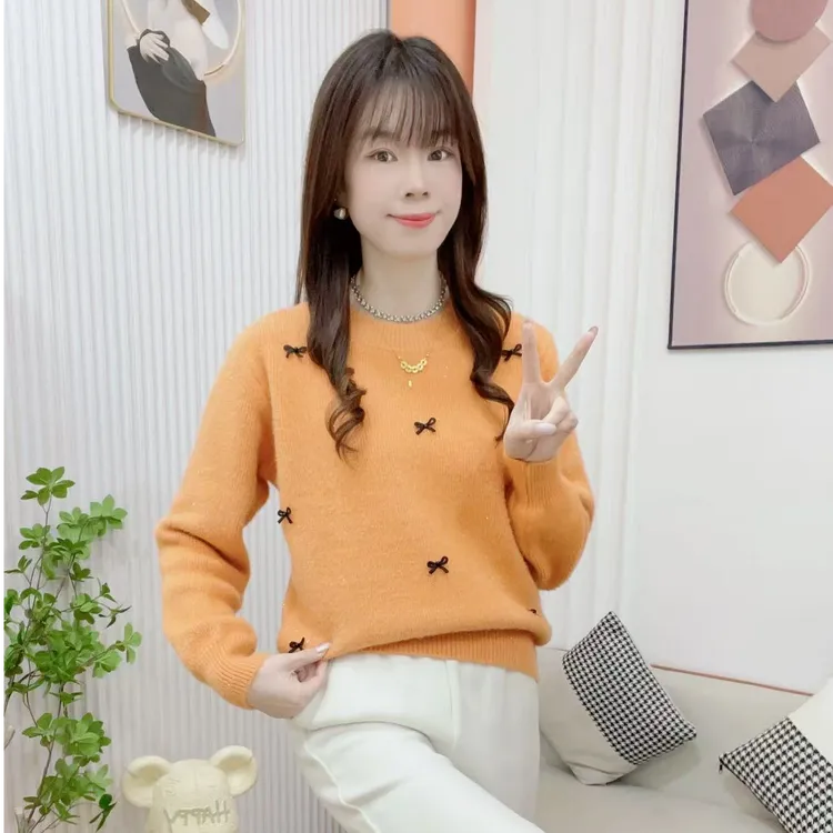 炬雅【温文尔雅】秋冬新款法式蝴蝶结时尚洋气减龄百搭水毛毛针织衫