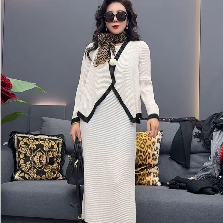 【美添】早春高端褶皱撞色开衫背心连衣裙两件套女