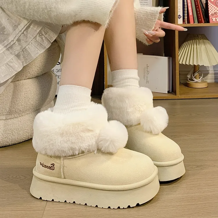 回力可爱毛球雪地靴女冬季加绒加厚保暖短筒靴时尚厚底棉鞋子女款