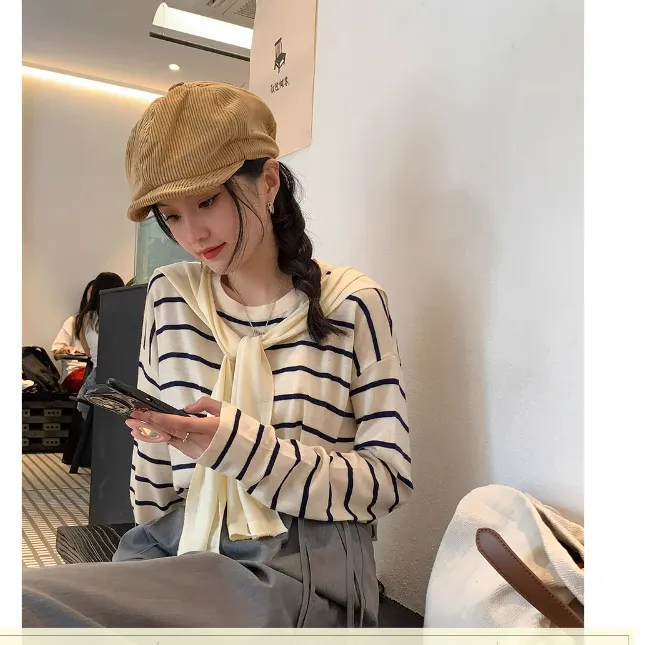 早春秋上衣设计感打底衫韩系圆领条纹长袖t恤女加披肩两件套针织 