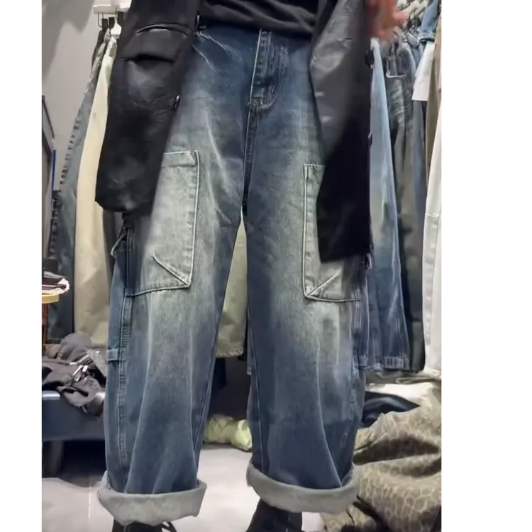 LY家69072#Z.Z秋季水洗牛仔大口袋设计休闲百搭宽松弯刀工装裤