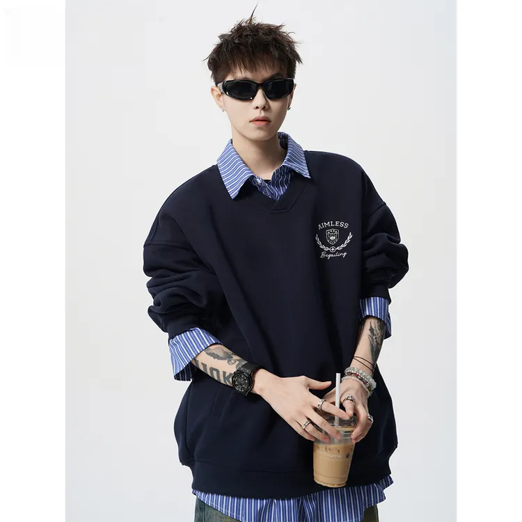 美式假两件情侣卫衣男秋重磅潮牌学院风长袖上衣设计感衬衫领外套